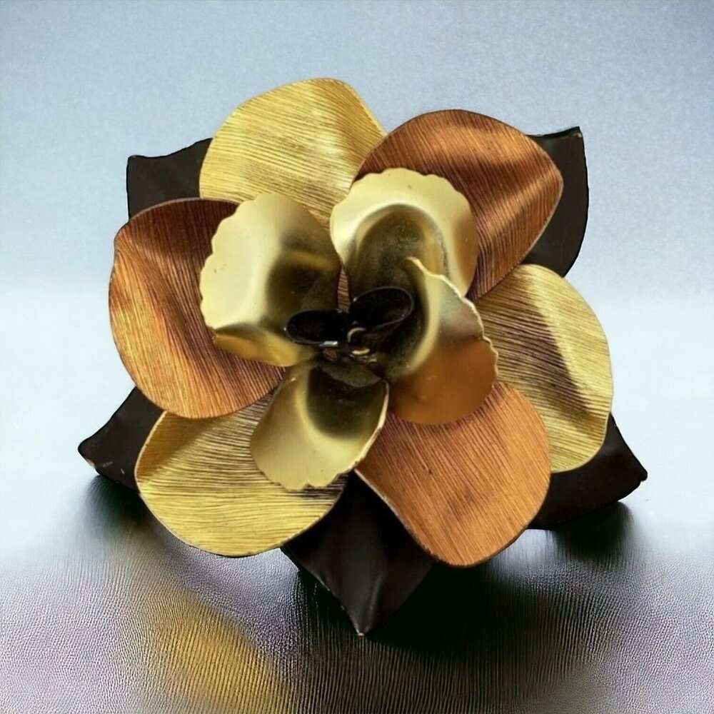 Vtg Multi Metal Enamel Rose Brooch Pin Gold Copper Tone Brown Statement 3D 3.5"